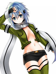Rule 34 | 10s, 1girl, belt, blue eyes, blue hair, cropped jacket, fingerless gloves, gloves, highres, jacket, looking at viewer, navel, no bra, open clothes, open jacket, scarf, shiny skin, short hair, short shorts, shorts, sinon, sword art online, taiga~midnight