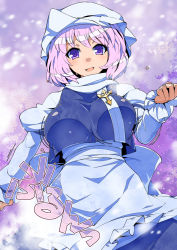 Rule 34 | 1girl, :d, blush, bouncing breasts, breasts, clenched hand, crop top, crop top overhang, dress, hat, head scarf, highres, juliet sleeves, lapel pin, large breasts, letty whiterock, long sleeves, looking at viewer, open mouth, puffy sleeves, purple eyes, purple hair, scarf, short hair, smile, solo, sweat, touhou, umigarasu (kitsune1963)