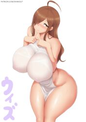 Rule 34 | 1girl, ahoge, artist name, blush, breasts, brown hair, closed mouth, covered erect nipples, covering breasts, covering privates, cowboy shot, hair over one eye, huge breasts, kainkout, kono subarashii sekai ni shukufuku wo!, leaning forward, long hair, looking at viewer, naked towel, simple background, solo, standing, towel, white background, wide hips, wiz (konosuba), yellow eyes