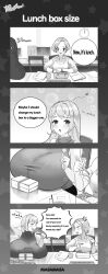 Rule 34 | 2girls, 4koma, angry, bare shoulders, blush, breast envy, breast focus, breast rest, breasts, chopsticks, closed eyes, comic, desk, dot nose, earrings, english text, female focus, huge breasts, jewelry, keyboard (computer), lunchbox, masamasa, multiple girls, open mouth, original, sitting, speech bubble