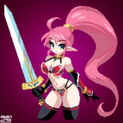 Rule 34 | 1girl, armor, bikini, bikini armor, black gloves, black thighhighs, blue eyes, breasts, cleavage, elbow gloves, gloves, high ponytail, holding, holding sword, holding weapon, large breasts, long hair, mabius, original, pale skin, pink background, pixel art, pointy ears, red bikini, simple background, solo, swimsuit, sword, thighhighs, very long hair, weapon