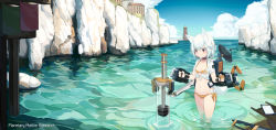 Rule 34 | 1girl, absurdres, bikini, bikini under clothes, black choker, blue sky, braid, breasts, brown bikini, building, choker, cliff, closed mouth, cloud, collarbone, commentary request, day, english text, front-tie top, hair between eyes, highres, holding, horizon, lighthouse, long hair, natori youkai, ocean, original, outdoors, red eyes, see-through, shirt, short sleeves, side braid, single braid, sky, small breasts, solo, standing, swimsuit, tied shirt, wading, water, white hair, white shirt