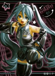 Rule 34 | 1girl, aqua hair, black skirt, black sleeves, blue eyes, boots, detached sleeves, grey shirt, hand on own hip, hatsune miku, highres, hott0g111, long hair, miniskirt, necktie, number tattoo, open mouth, pleated skirt, shirt, skirt, sleeveless, sleeveless shirt, solo, tattoo, thigh boots, twintails, very long hair, vocaloid