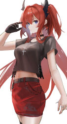 Rule 34 | 1girl, absurdres, arknights, belt, black belt, black gloves, black shirt, breasts, commentary, cowboy shot, crop top, crop top overhang, gloves, hair between eyes, half updo, highres, horns, large breasts, long hair, looking at viewer, midriff, navel, official alternate costume, pencil skirt, purple eyes, red hair, red skirt, shirt, simple background, skirt, solo, standing, sthk, stomach, surtr (arknights), surtr (liberte echec) (arknights), very long hair, white background