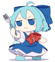 Rule 34 | 1girl, absurdres, ahoge, blue bow, blue dress, blue eyes, blue footwear, blue hair, blush stickers, bow, cirno, closed mouth, collared shirt, dress, fairy, fork, full body, fumo (doll), hair between eyes, hair bow, highres, holding, holding fork, ice, ice wings, kame (kamepan44231), pinafore dress, shirt, shoes, short hair, short sleeves, simple background, sleeveless, sleeveless dress, solo, standing, touhou, white background, white shirt, wings