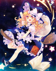 Rule 34 | 1girl, blonde hair, book, braid, broom, broom riding, female focus, flying, full body, gradient background, hand on headwear, hat, kirisame marisa, long hair, night, open mouth, outdoors, shinia, shirt, skirt, skirt set, sky, smile, solo, star (sky), star (symbol), touhou, witch, witch hat