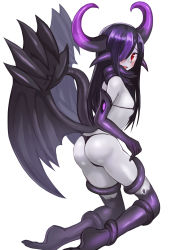Rule 34 | 1girl, absurdres, ass, bikini, black bikini, black hair, blush, breasts, colored skin, commission, demon girl, demon wings, from behind, grey skin, highres, horns, kneeling, long hair, looking at viewer, looking back, monster girl, monster girl encyclopedia, multicolored hair, night gaunt (monster girl encyclopedia), open mouth, purple hair, red eyes, simple background, small breasts, solo, sookmo, streaked hair, swimsuit, white background, wings