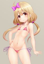 Rule 34 | &gt;:), 1girl, ahoge, arm at side, bikini, blonde hair, blush, bow, brown eyes, closed mouth, collarbone, contrapposto, cowboy shot, flat chest, futaba anzu, grey background, hair bobbles, hair bow, hair ornament, hand on own hip, highres, idolmaster, idolmaster cinderella girls, lips, long hair, looking at viewer, low-tied long hair, low twintails, micro bikini, navel, pink bikini, polka dot, polka dot bow, purple bow, side-tie bikini bottom, simple background, smile, solo, standing, stomach, swimsuit, taka (takahirokun), tareme, thighs, twintails, v-shaped eyebrows
