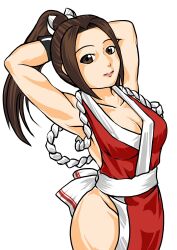 Rule 34 | 1girl, armpits, arms behind head, breasts, brown eyes, brown hair, cleavage, fatal fury, highres, large breasts, legs, long hair, looking at viewer, ponytail, shihu zou, shiranui mai, smile, snk, solo, the king of fighters, thick thighs, thighs