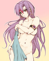 Rule 34 | 1girl, banpresto, breast hold, breasts, earrings, hisahiko, jewelry, large breasts, long hair, navel, nude, purple hair, shijou saya, solo, super robot gakuen, super robot wars, very long hair, yellow eyes