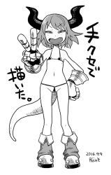 Rule 34 | 1girl, :d, bare shoulders, bikini, dated, fang, fold-over boots, full body, gauntlets, greyscale, hand on own hip, horns, lizard tail, looking at viewer, medium hair, micro bikini, monochrome, navel, noumiso, open mouth, original, signature, simple background, smile, solo, standing, swimsuit, tail, thong bikini, v, white background
