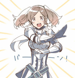 Rule 34 | 1girl, :d, armor, arms up, belt, blush, blush stickers, breastplate, brown eyes, brown hair, cynthia (fire emblem), detached sleeves, dress, elbow gloves, fire emblem, fire emblem awakening, frills, gloves, hanokage, looking at viewer, lowres, nintendo, open mouth, pauldrons, short dress, short hair, shoulder armor, side slit, smile, solo, swept bangs, teeth, twintails