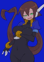 Rule 34 | 1girl, absurdres, aile (mega man zx), arm under breasts, black bodysuit, blue background, blue jacket, bodysuit, bodysuit under clothes, breasts, brown hair, buzzlyears, cowboy shot, cropped jacket, expressive hair, fang, green eyes, heart, heart hair, highres, jacket, large breasts, long hair, looking at viewer, mega man (series), mega man zx, mega man zx advent, no pants, open clothes, open jacket, ponytail, simple background, smug, solo, upper body