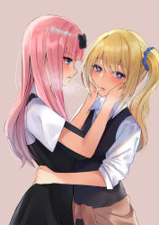 Rule 34 | 2girls, :d, absurdres, after kiss, blonde hair, blue eyes, blue scrunchie, blunt bangs, blush, bow, breasts, clothes around waist, collared shirt, commentary request, from side, fujiwara chika, hair ornament, hair scrunchie, hands on another&#039;s cheeks, hands on another&#039;s face, hayasaka ai, heart, heart-shaped pupils, highres, hug, kaguya-sama wa kokurasetai ~tensai-tachi no renai zunousen~, large breasts, long hair, long sleeves, looking at viewer, multiple girls, one side up, open mouth, pink hair, poisonousgas, profile, saliva, saliva trail, school uniform, scrunchie, shirt, shuuchiin academy school uniform, side ponytail, sidelocks, simple background, skirt, smile, summer uniform, sweater, sweater around waist, symbol-shaped pupils, vest, white shirt, yuri