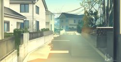 Rule 34 | blue sky, building, bush, commentary request, fence, hakuurei amano, highres, house, no humans, original, outdoors, power lines, road, scenery, shadow, sky, street, tree, utility pole, watermark, window