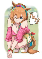 Rule 34 | &gt;:), 1girl, ;), animal ears, blue eyes, blurry, blurry background, border, bracelet, breasts, burger, cleavage, commentary request, earrings, facing viewer, food, full body, grin, hairband, horse ears, horse girl, horse tail, jewelry, kanameya, legs together, light brown hair, necklace, off-shoulder shirt, off shoulder, one eye closed, own hands clasped, own hands together, pink shirt, shirt, short sleeves, shorts, single earring, smile, solo, squatting, star (symbol), star necklace, suspenders, taiki shuttle (bubblegum memories) (umamusume), taiki shuttle (umamusume), tail, teeth, umamusume, v-shaped eyebrows, v arms, white footwear