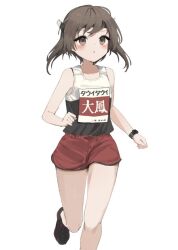 Rule 34 | 1girl, black footwear, blush, brown eyes, brown hair, foot out of frame, gym uniform, headgear, kantai collection, one-hour drawing challenge, parted lips, red shorts, shoes, short hair, shorts, simple background, solo, taihou (kancolle), white background, yamashichi (mtseven)