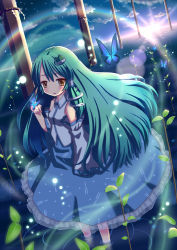 Rule 34 | 1girl, blush, bug, butterfly, detached sleeves, female focus, frog, frog hair ornament, green hair, hair ornament, hair tubes, highres, insect, kochiya sanae, leaf, long hair, monmonga, onbashira, open mouth, plant, rainbow, rope, shimenawa, skirt, snake, solo, sun, touhou, water, yellow eyes