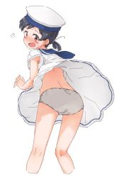 Rule 34 | !?, 1girl, armpit peek, ass, back, black hair, blue sailor collar, blush, cropped legs, daitou (kancolle), dress, embarrassed, from behind, hat, kantai collection, open mouth, panties, pantyshot, red eyes, sailor collar, sailor dress, sailor hat, short hair, short ponytail, short sleeves, simple background, solo, standing, suke (momijigari), sweatdrop, underwear, up sleeve, white background, white dress, white panties, wind, wind lift