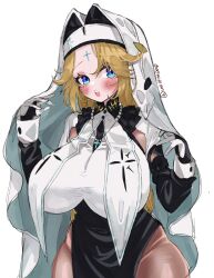 Rule 34 | 1girl, :d, black gloves, blonde hair, blue eyes, blush, braid, breasts, cross, cross necklace, cross tattoo, elbow gloves, gloves, goddess of victory: nikke, highres, huge breasts, jewelry, long hair, necklace, nun, official alternate costume, open mouth, pantyhose, pelvic curtain, rapunzel (nikke), robe, simple background, smile, solo, twitter username, uniofthedead, very long hair, white background, white gloves, white robe