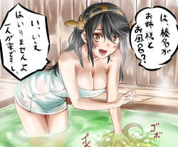 Rule 34 | 10s, 2girls, ahoge, bath, bent over, black hair, blush, breasts, brown eyes, brown hair, bubble, cleavage, hairband, haruna (kancolle), hisatyu, ishii hisao, kantai collection, kongou (kancolle), long hair, multiple girls, naked towel, open mouth, siblings, sisters, solo focus, sweatdrop, towel, translated, water