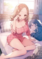 2girls akamine_shuri bare_legs blue_hair breasts brown_hair closed_eyes cover cover_page curtains impossible_clothes impossible_shirt indoors kat_(bu-kunn) large_breasts long_hair lying messy_hair morning motokano_sensei_wa_choppiri_ecchi_na_katei_houmon_de_kimi_to_no_ai_wo_hagukumitai multiple_girls naked_shirt novel_cover off_shoulder official_art on_bed on_side one_eye_closed open_mouth pajamas parted_bangs pillow second-party_source shirasawa_kohaku shirt sitting sleeping squeans window yokozuwari