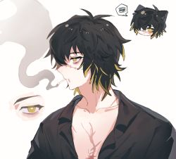 Rule 34 | 1boy, animal ears, black shirt, cat ears, chibi, hair over one eye, highres, medium hair, messy hair, mouth hold, multiple views, nocolour, scar, scar on chest, scar on face, shirt, simple background, slow damage, smoking, spoken squiggle, squiggle, towa (slow damage), upper body, white background, yellow eyes