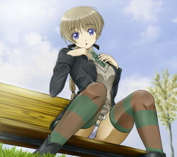 Rule 34 | 1girl, bench, blue eyes, blush, braid, braided ponytail, breasts, brown hair, from below, grass, green necktie, highres, jacket, large breasts, looking at viewer, looking down, lynette bishop, memory (prophet5), military, military uniform, necktie, open clothes, open jacket, open mouth, outdoors, panties, ponytail, single braid, sitting, sky, solo, strike witches, striped clothes, striped thighhighs, sweater, thighhighs, tree, underwear, uniform, white panties, world witches series