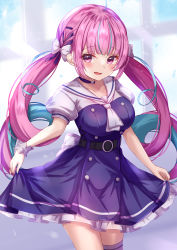 Rule 34 | 1girl, ahoge, belt, black belt, blue choker, blue dress, blue hair, blush, bow, choker, colored inner hair, commentary request, dress, drill hair, fangs, hair bow, highres, hololive, looking at viewer, minato aqua, multicolored hair, open mouth, pink eyes, pink hair, puffy short sleeves, puffy sleeves, sailor collar, short sleeves, skirt hold, solo, standing, thighhighs, twin drills, twintails, virtual youtuber, white bow, white sailor collar, white thighhighs, yuano