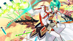 Rule 34 | 1boy, aqua hair, brown eyes, chemicals, foreshortening, gears, gloves, highres, looking at viewer, lucian (soccer spirits), male focus, polearm, signature, soccer spirits, solo, test tube, tooaya, vial, weapon, white gloves