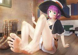 Rule 34 | 1girl, barefoot, bookshelf, boots, feet, green eyes, grin, hat, jewelry, looking at viewer, medium hair, necklace, pashii, pink hair, shoes, unworn shoes, shorts, smile, soles, toes, wand, witch hat