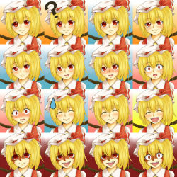 Rule 34 | 1girl, :d, ?, ^ ^, angry, blonde hair, blush, chart, closed eyes, constricted pupils, crazy, crazy eyes, embarrassed, expressions, closed eyes, fangs, female focus, flandre scarlet, frown, happy, hat, icon (computing), multiple views, open mouth, red eyes, sad, seven star, short hair, smile, sweatdrop, tears, touhou, wavy mouth, wings, you gonna get raped