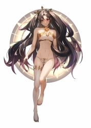 Rule 34 | 1girl, armlet, asymmetrical legwear, asymmetrical sleeves, bare shoulders, bikini, breasts, closed mouth, earrings, elbow gloves, fate/grand order, fate (series), feet, full body, gloves, highres, hoop earrings, ishtar (fate), jewelry, kakage, legs, long hair, looking at viewer, medium breasts, navel, neck ring, parted bangs, simple background, single elbow glove, single thighhigh, smile, solo, swimsuit, thighhighs, tiara, toeless legwear, two side up, uneven legwear, uneven sleeves, white background, white bikini