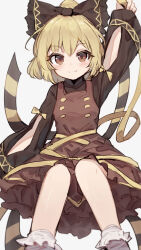 Rule 34 | 1girl, arm up, black shirt, blonde hair, blush, bow, brown bow, brown dress, brown eyes, closed mouth, dress, feet out of frame, hair between eyes, hair bow, highres, kurodani yamame, long sleeves, looking at viewer, ponytail, shirt, shone, short hair, simple background, socks, solo, touhou, white background, white socks