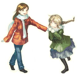 Rule 34 | 2girls, ;d, black leggings, black socks, blonde hair, blue pants, blue skirt, blush, braid, braided ponytail, brown hair, closed eyes, coat, denim, full body, fur-trimmed coat, fur trim, gloves, green coat, jeans, leggings, long hair, mittens, multiple girls, myu (neorosi), one eye closed, open mouth, original, pants, red coat, red eyes, scarf, sidelocks, simple background, skirt, smile, socks, white background, white gloves, white scarf, winter clothes, winter coat