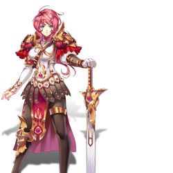 Rule 34 | 1girl, armor, blue eyes, breasts, closed mouth, gloves, legs, legs apart, looking at viewer, medium breasts, medium hair, pantyhose, pink hair, sacred sword princesses, shoulder pads, single glove, skirt, solo, standing, sword, thighs, transparent background, weapon