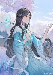 Rule 34 | 1girl, absurdres, artist request, blue dress, blue eyes, blue sky, brown hair, closed eyes, closed mouth, cloud, douluo dalu, dress, grass, hair ornament, highres, long hair, long sleeves, ning rongrong (douluo dalu), outdoors, outstretched hand, second-party source, sky, smile, solo, upper body