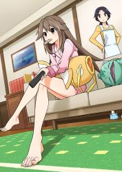 Rule 34 | 2girls, absurdres, apron, barefoot, brown eyes, brown hair, bulbasaur, controller, cookie, couch, creatures (company), crossed legs, feet, food, game freak, gen 1 pokemon, hands on own hips, highres, jii (seiga7099526), kanto mother (rgby/frlg), leaf (pokemon), long hair, mother (pokemon), multiple girls, nintendo, pajamas, pokemon, pokemon (creature), pokemon frlg, pokemon rgby, pov, remote control, sitting, toes