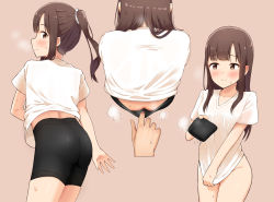 Rule 34 | 1girl, 1other, ass, bike shorts, black shorts, blush, bottomless, brown eyes, brown hair, clothes pull, folded clothes, from behind, highres, holding clothes, holding shorts, idolmaster, idolmaster cinderella girls, kocho dere, long hair, looking back, mizumoto yukari, multiple views, no panties, pink background, ponytail, pulling another&#039;s clothes, shirt, shirt tug, short sleeves, shorts, shorts pull, simple background, smile, t-shirt, thighs, unworn shorts, white shirt