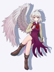 Rule 34 | 1girl, ahoge, blush, bow, bowtie, brown footwear, dress, full body, grey background, grey hair, grey wings, highres, kishin sagume, looking at viewer, purple dress, red bow, red bowtie, red eyes, shizen11037, short hair, simple background, single wing, solo, touhou, vest, white vest, wings