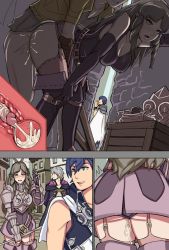 Rule 34 | 1girl, 2boys, armor, ass, bent over, blush, brown eyes, brown hair, cheating (relationship), chrom (fire emblem), close-up, clothed sex, cross-section, cum, cum in pussy, cumdrip, fire emblem, fire emblem awakening, from behind, garter straps, highres, moaning, multiple boys, nintendo, open mouth, outdoors, penis, public indecency, robin (fire emblem), robin (male) (fire emblem), sequential, sex, standby, stealth sex, sumia (fire emblem), uncensored, uterus