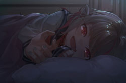 Rule 34 | 1girl, blush, collar, fang, grey hair, highres, indoors, looking at viewer, lying, makaino ririmu, multicolored hair, nail polish, neckerchief, nijisanji, on bed, on side, open mouth, pillow, pointy ears, pov across bed, red collar, red eyes, red hair, red neckerchief, sabamen, sailor collar, shirt, skin fang, sleeves past wrists, smile, solo, streaked hair, under covers, upper body, virtual youtuber