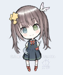 Rule 34 | 1girl, bad id, bad pixiv id, black dress, blue eyes, blush, bow, brown hair, capriccio, chibi, closed mouth, collared shirt, commentary request, copyright request, dated, dress, full body, green eyes, grey background, hair ornament, heterochromia, indie virtual youtuber, long hair, pinafore dress, pleated dress, red bow, red footwear, shiomi lunetta, shirt, shoes, short sleeves, signature, simple background, sleeveless, sleeveless dress, smile, socks, solo, standing, star (symbol), star hair ornament, twintails, very long hair, virtual youtuber, white shirt, white socks, wing hair ornament