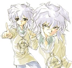 Rule 34 | 2boys, bakura ryou, brown eyes, cardigan, closed mouth, collared shirt, green shirt, hair between eyes, hair wings, highres, index finger raised, inferno 030, long bangs, looking at viewer, male focus, millennium ring, multiple boys, open mouth, shirt, simple background, sketch, smile, upper body, white background, white hair, yami bakura, yellow cardigan, yu-gi-oh!, yu-gi-oh! duel monsters