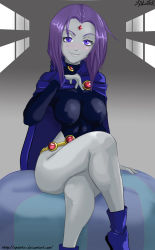 Rule 34 | 1girl, breasts, cape, dc comics, female focus, highres, large breasts, crossed legs, leotard, purple eyes, purple hair, raven (dc), short hair, sitting, smile, solo, teen titans, thighs, xplotter
