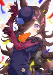 Rule 34 | 1girl, animal ears, arm up, bare shoulders, black dress, black hat, blue flower, blue rose, blush, brown hair, carrot, commentary request, confetti, dress, flower, food in mouth, fujima takuya, hair over one eye, hand up, hat, hat flower, highres, horse ears, long hair, long sleeves, looking at viewer, mouth hold, off-shoulder dress, off shoulder, purple eyes, rice shower (umamusume), rose, signature, sleeves past wrists, solo, tilted headwear, umamusume, very long hair
