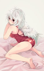 Rule 34 | 1girl, ass, back, bed sheet, ears, feathered wings, from behind, highres, kishin sagume, looking to the side, one-piece swimsuit, red eyes, red one-piece swimsuit, silver hair, simple background, single wing, solo, swimsuit, touhou, waira, white background, wings
