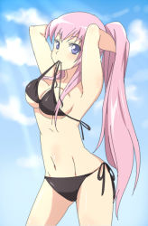 Rule 34 | 00s, 1girl, adjusting hair, armpits, arms up, bad id, bad pixiv id, bikini, bikini in mouth, black bikini, blue eyes, breasts, cleavage, clothes in mouth, day, long hair, maruki (punchiki), medium breasts, megurine luka, mouth hold, navel, pink hair, ponytail, side-tie bikini bottom, solo, standing, swimsuit, underboob, vocaloid