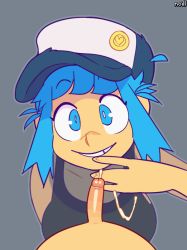 Rule 34 | animated, animated gif, april h. pike (brekkist), blue eyes, blue hair, bouncing breasts, breasts, cheek press, cum, fellatio, hat, noill, open mouth, oral, smile, tongue, tongue out, uncensored
