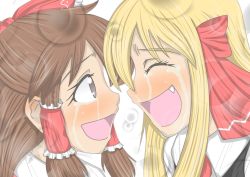Rule 34 | 2girls, aged up, ascot, blonde hair, blush, bow, brown eyes, brown hair, crying, crying with eyes open, face-to-face, fang, female focus, hair bow, hair ribbon, hair tubes, hakurei reimu, long hair, multiple girls, open mouth, ribbon, rumia, smile, taiko (zze123trd), tears, touhou